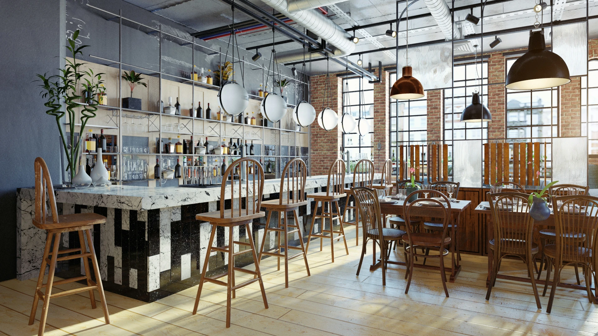 Modern Restaurant Bar Interior with Marble Countertop Contemporary restaurant bar interior featuring a marble countertop, wooden barstools, industrial lighting, and large windows with brick walls.