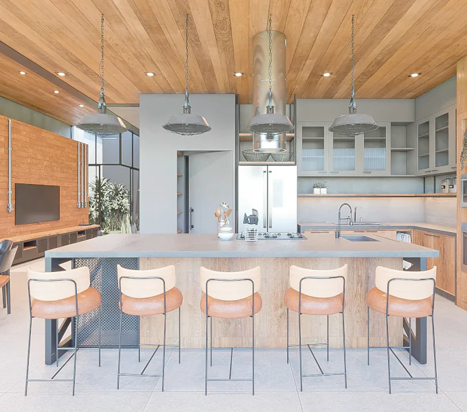 Contemporary kitchen with wooden ceiling, pendant lights, and island seating
