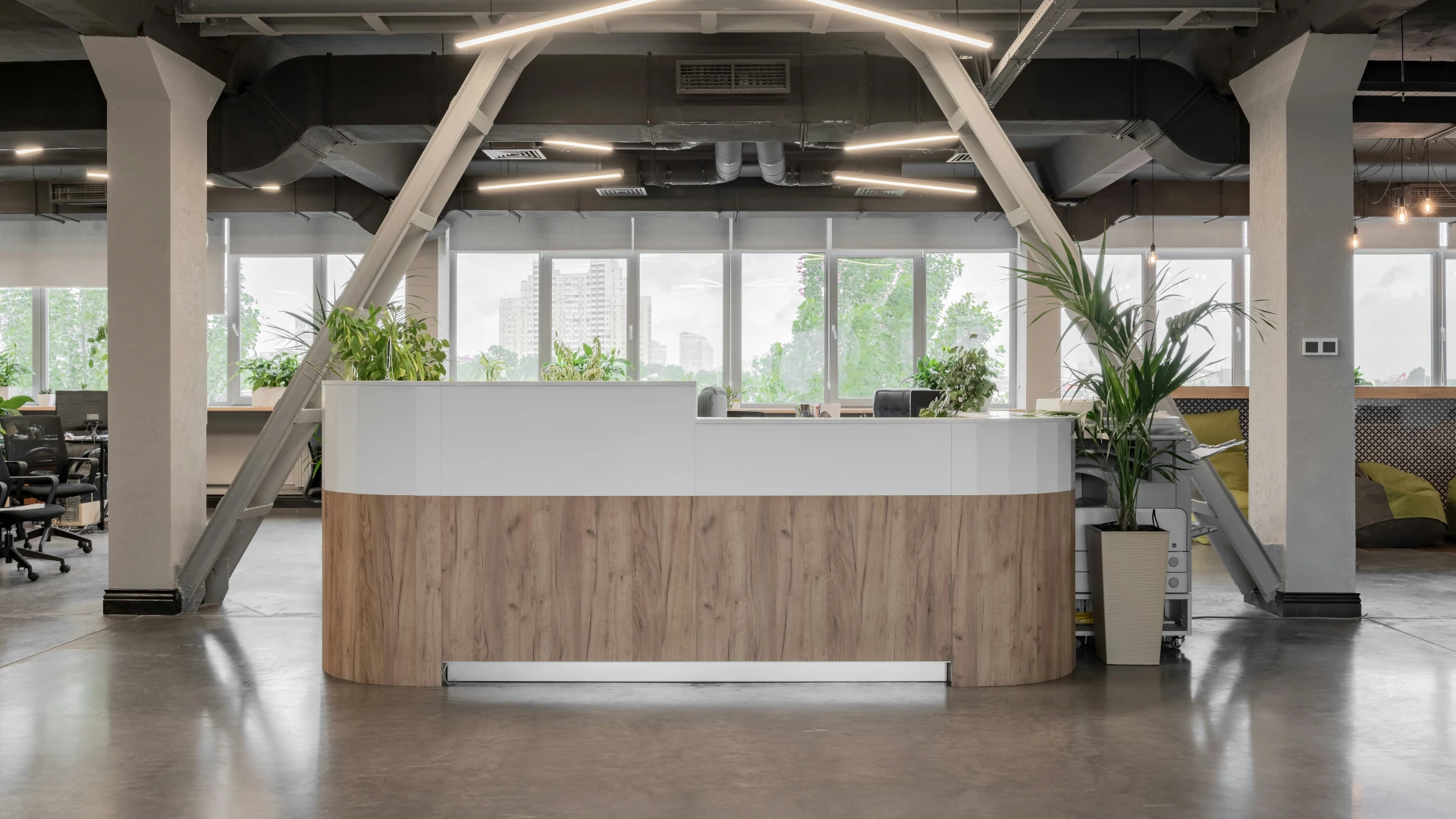 Government 1 Contemporary office reception area with a wood and white desk, large windows, industrial ceiling, and green plants.