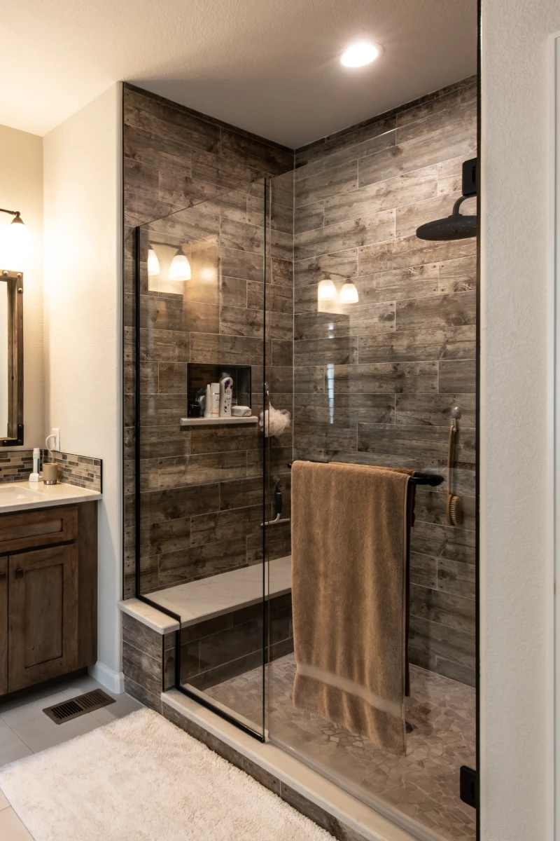 Bathrooms 2 Bathroom with frameless glass walk-in shower, wood-look porcelain tile walls, built-in bench and niche, matte black rain shower and handheld, adjacent rustic vanity.