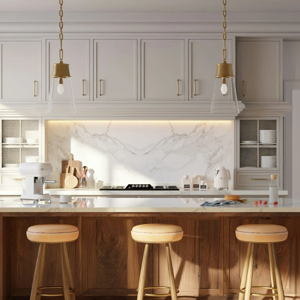 The Best Kitchen Storage Ideas for Denver Homeowners in 2026 11 kitchen storage ideas in a luxury kitchen with marble waterfall island, modern bar stools, and pendant lighting