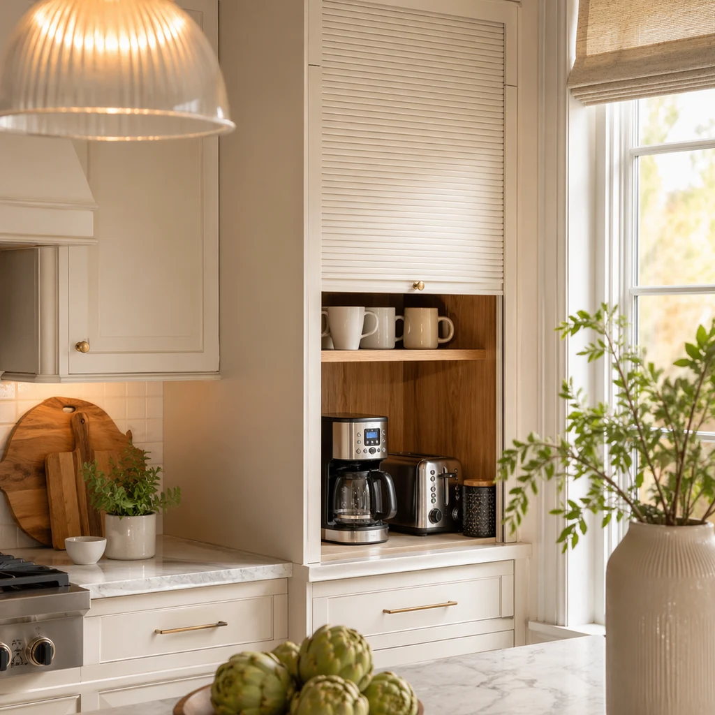 The Best Kitchen Storage Ideas for Denver Homeowners in 2026 3 kitchen appliance garage tambour door coffee station
