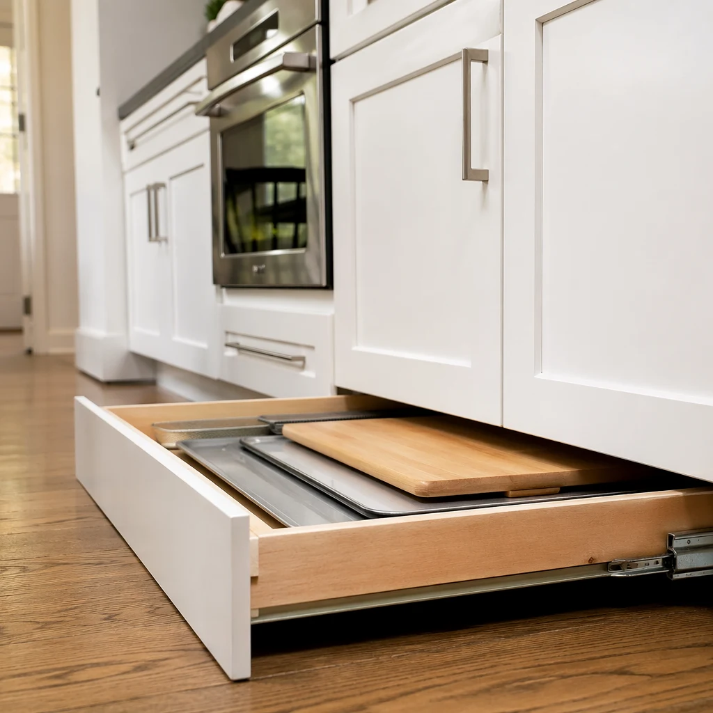 The Best Kitchen Storage Ideas for Denver Homeowners in 2026 8 kitchen toe kick drawer hidden cutting board storage