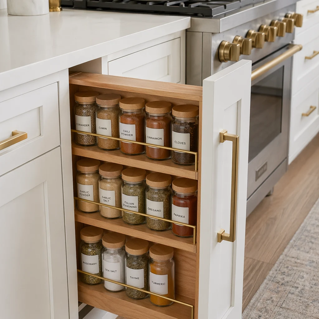 The Best Kitchen Storage Ideas for Denver Homeowners in 2026 6 pull out spice rack cabinet next to stove
