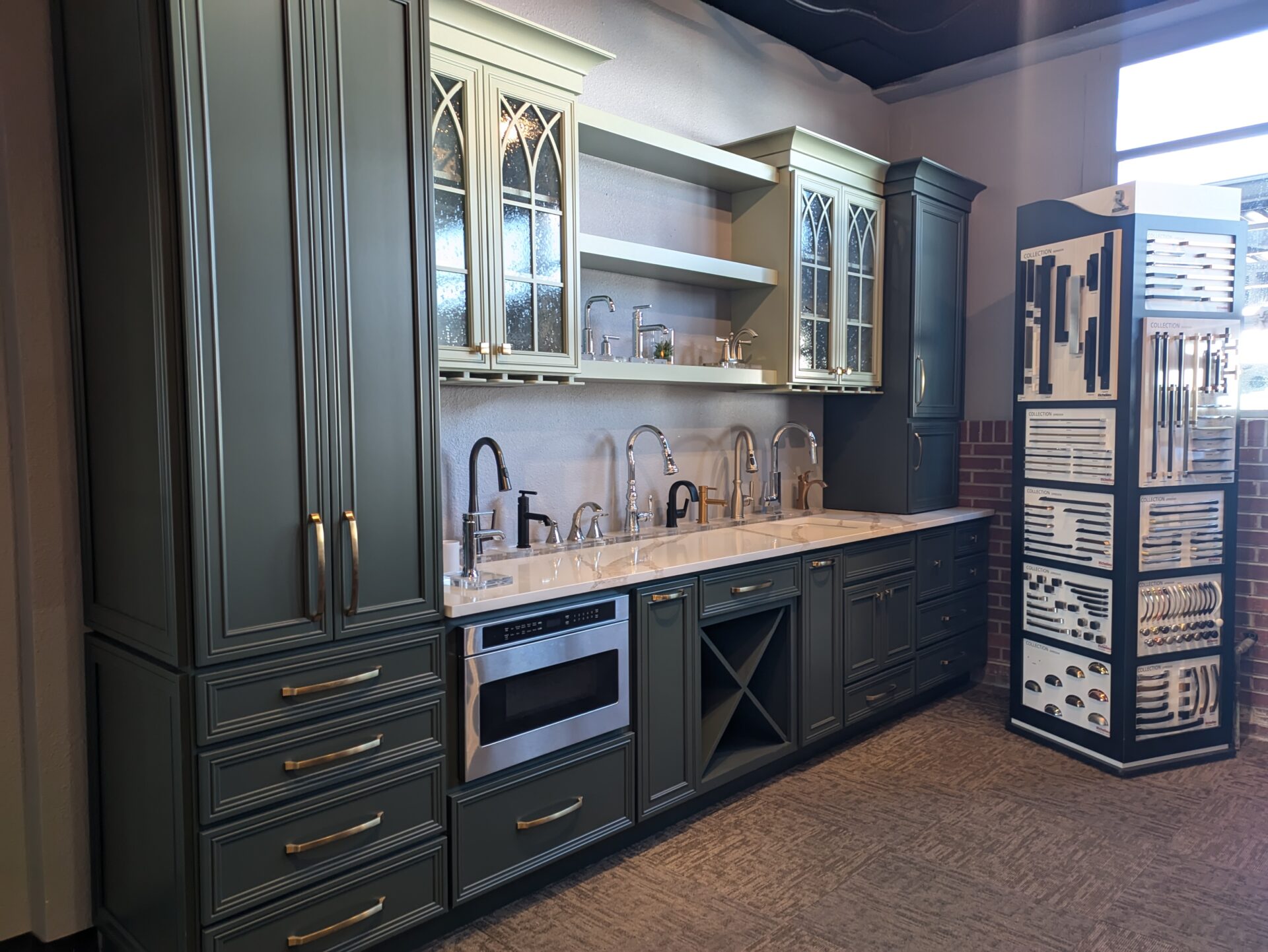 Your Denver Kitchen Remodel Guide: Custom Work, Fast Timelines, and a Kitchen You Will Actually Love 5 Custom cabinetry showroom display featuring painted cabinets, premium hardware, faucets, and design options in Denver.