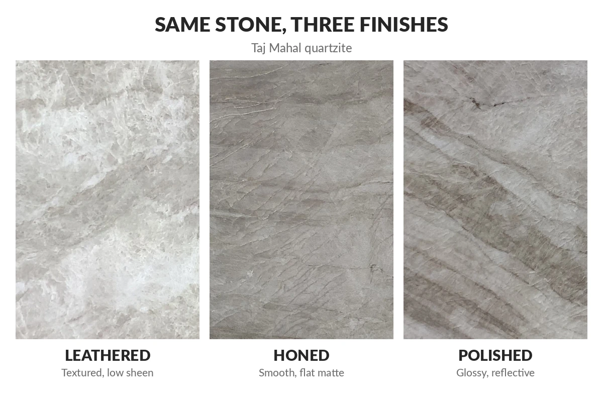 Leathered Quartzite Countertops: Cleaning, Sealing, and What to Check Before Buying 3 Taj Mahal quartzite finish comparison showing leathered, honed, and polished surfaces